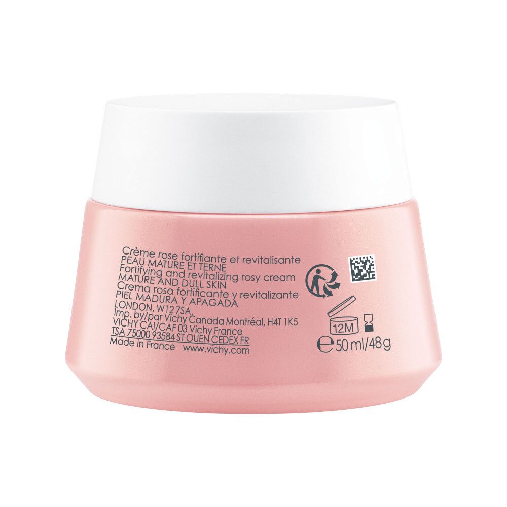 Dos d'un pot de crème rose avec couvercle blanc. Texte : crème, mature and dull skin. 50ml/48g. Logo et texte : Vichy.