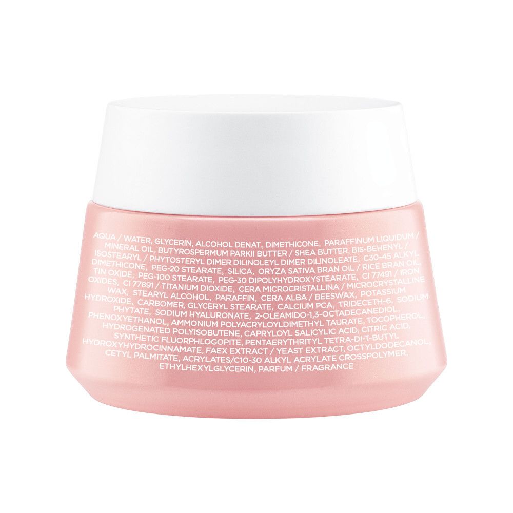 Dos d'un pot de crème rose avec couvercle blanc. Texte : ingrédients. Logo et texte : Vichy.