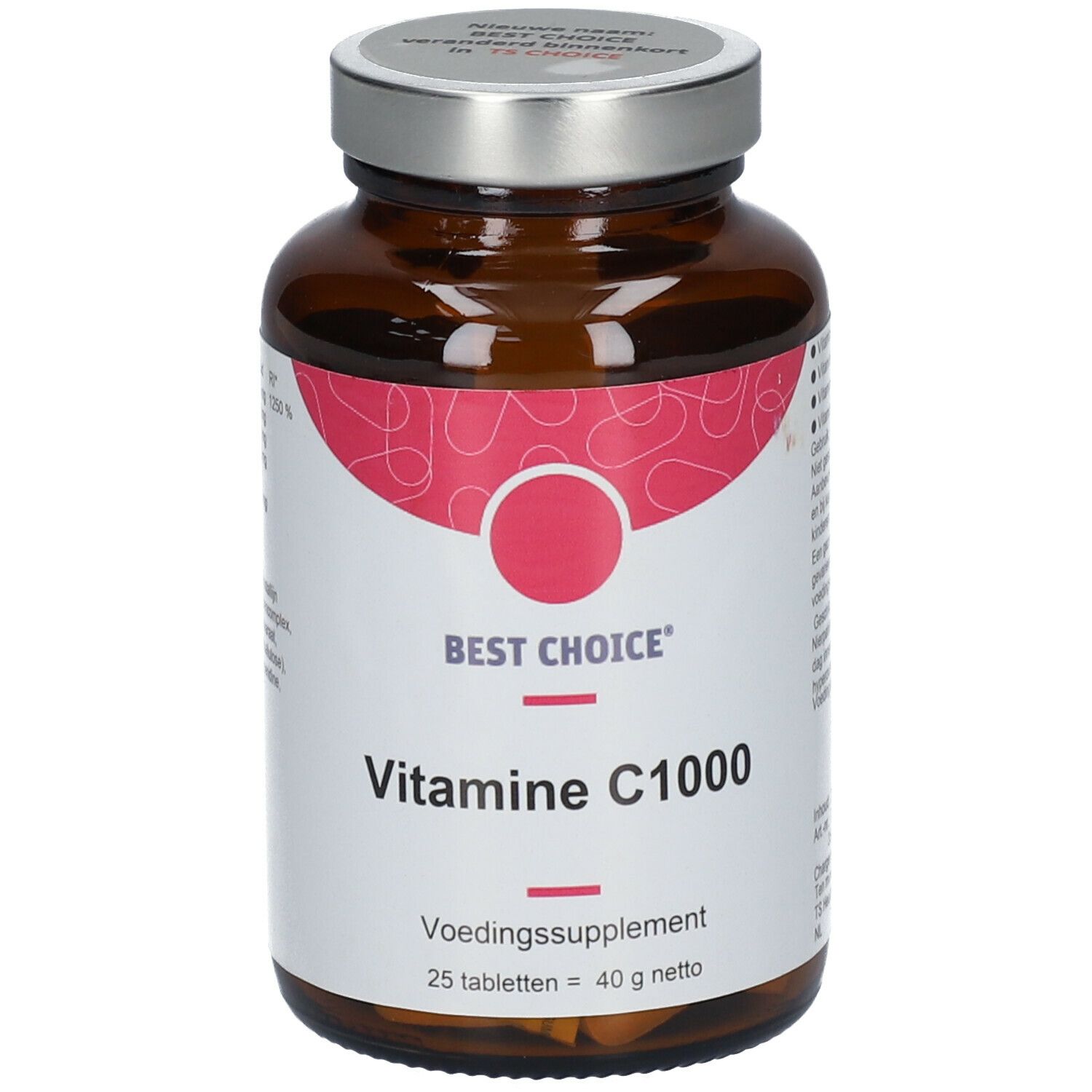 Flacon en verre brun avec couvercle argenté. L'étiquette indique "BEST CHOICE Vitamine C1000". Contient 25 comprimés.