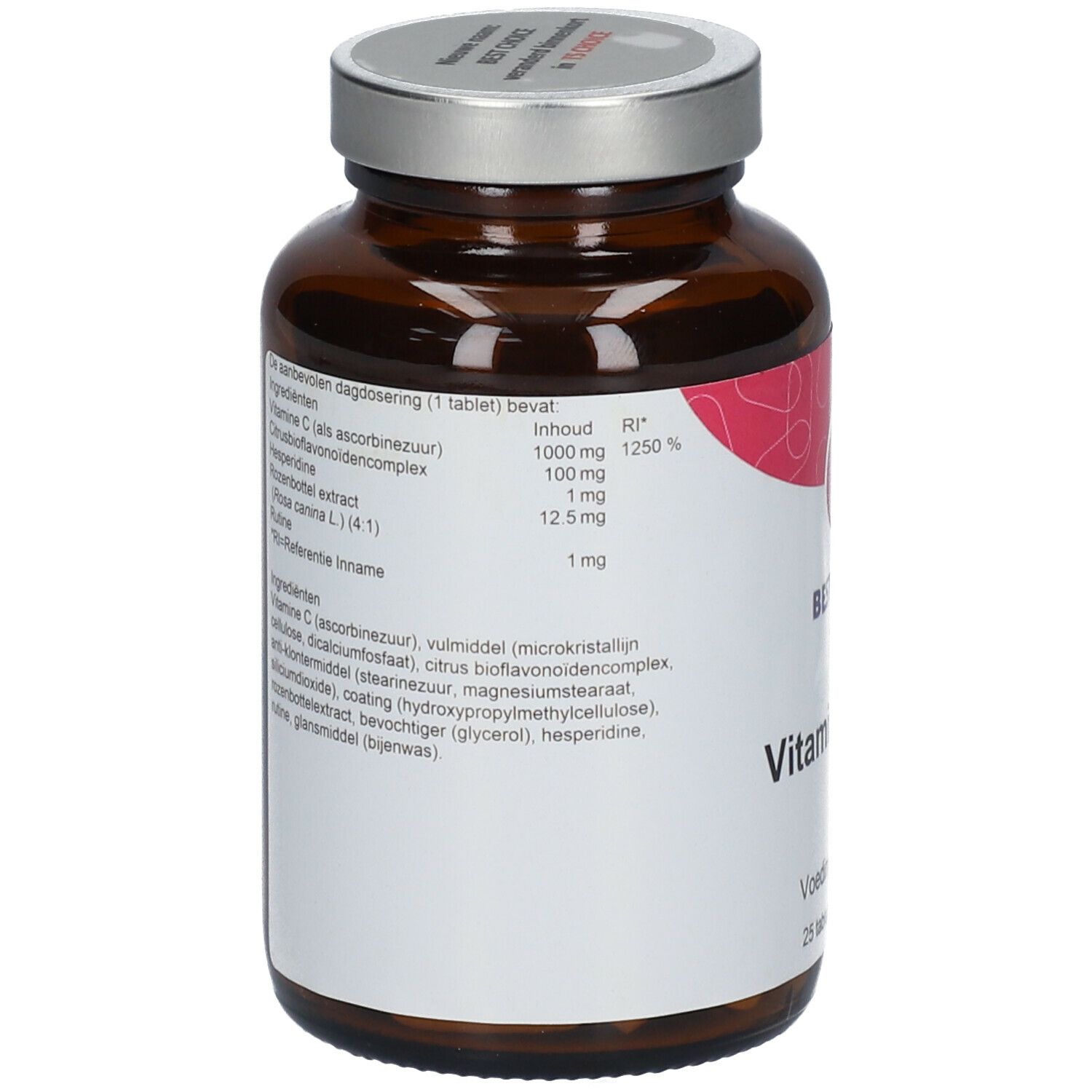 Dos du flacon brun. Étiquette avec ingrédients et informations nutritionnelles. Contient vitamine C, bioflavonoïdes d'agrumes, hespéridine.