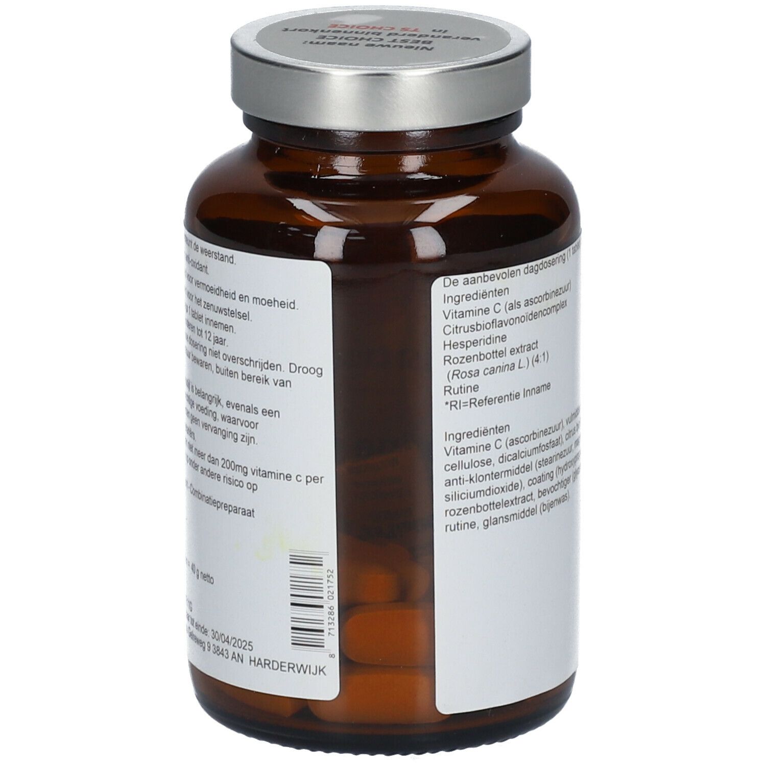 Dos du flacon. Étiquette avec ingrédients et dosage. Contient vitamine C, bioflavonoïdes d'agrumes, hespéridine et rutine.