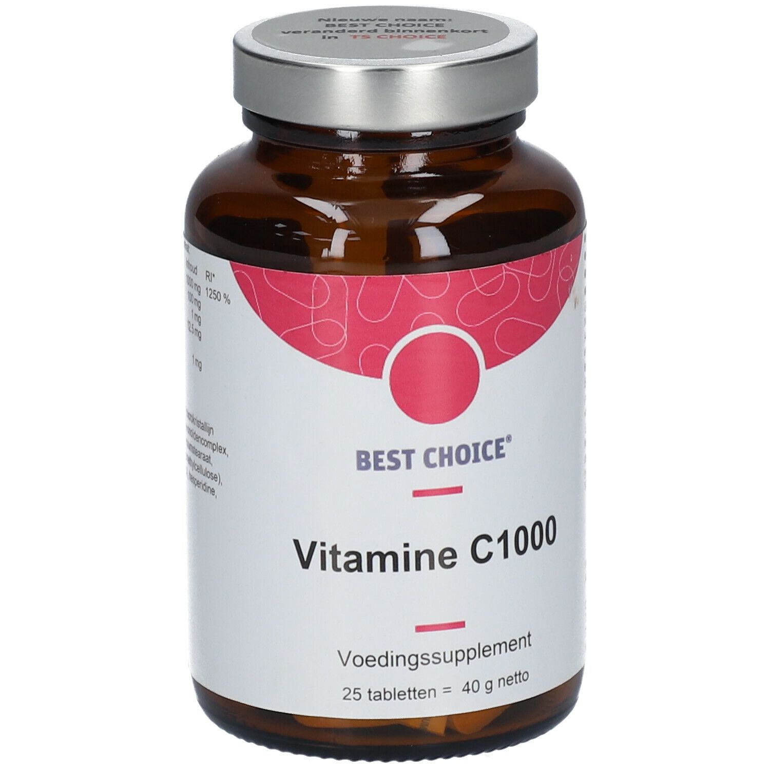 Flacon en verre brun avec couvercle argenté. Étiquette "BEST CHOICE Vitamine C1000". 25 comprimés. Cercle rouge.