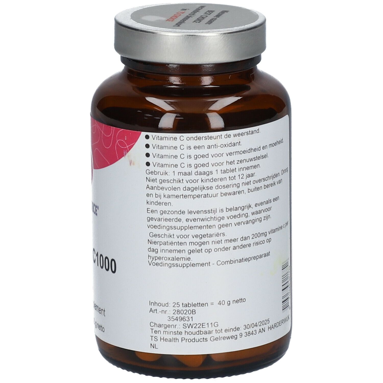 Dos du flacon. Étiquette avec informations. Contient "BEST CHOICE Vitamine C1000". 25 comprimés. Instructions d'utilisation.