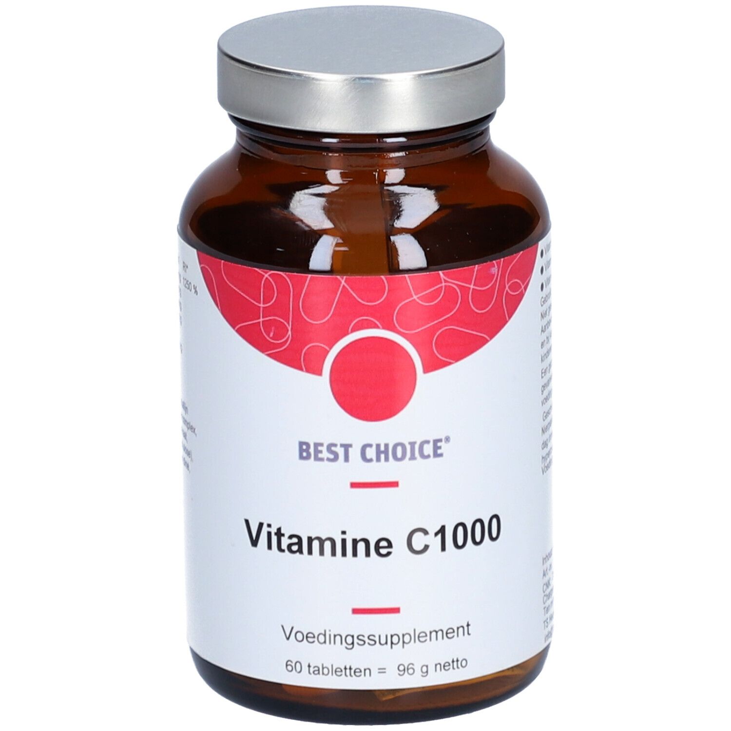 Flacon en verre brun avec couvercle argenté. Étiquette "Best Choice" et "Vitamine C1000". 60 comprimés.