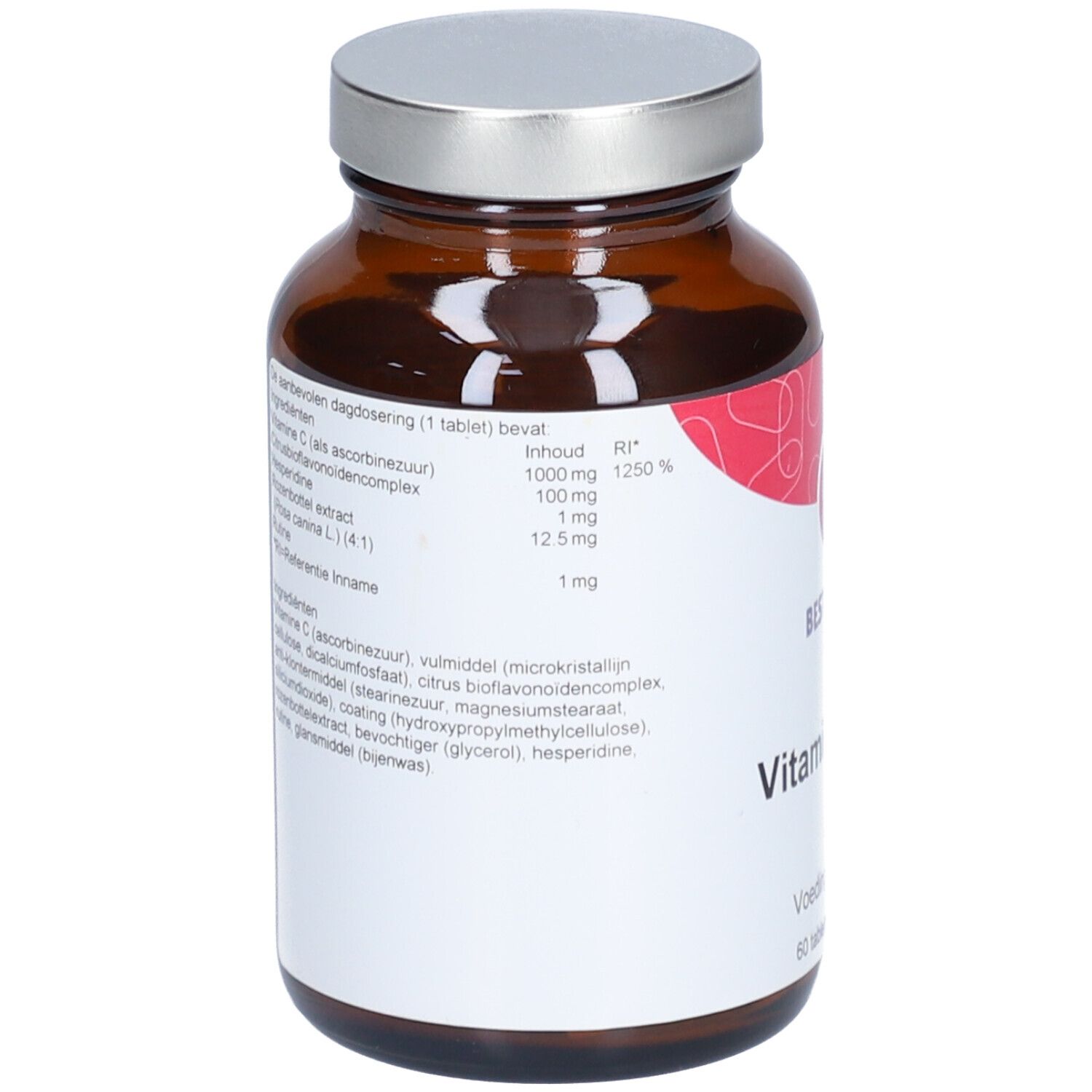 Dos du flacon. Étiquette avec ingrédients et informations nutritionnelles. Contient vitamine C, bioflavonoïdes d'agrumes.