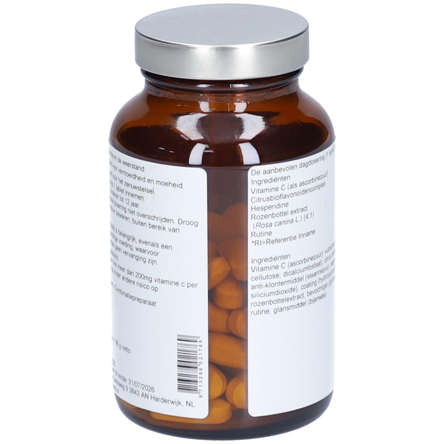 Vue arrière du flacon. Étiquette avec avertissements et ingrédients. Contient vitamine C et autres ingrédients.