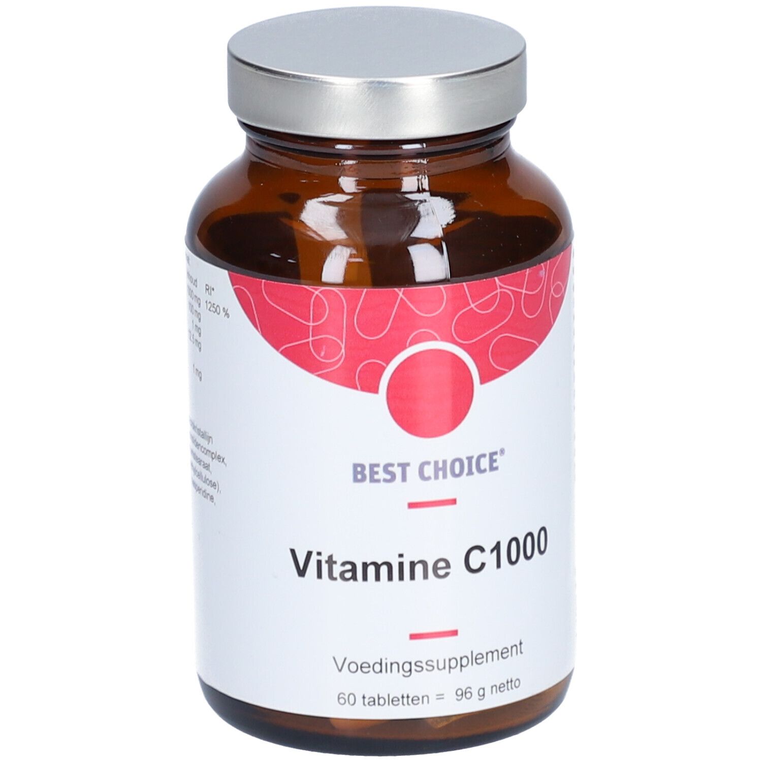 Flacon en verre brun avec couvercle argenté. Étiquette "Best Choice" et "Vitamine C1000". 60 comprimés.