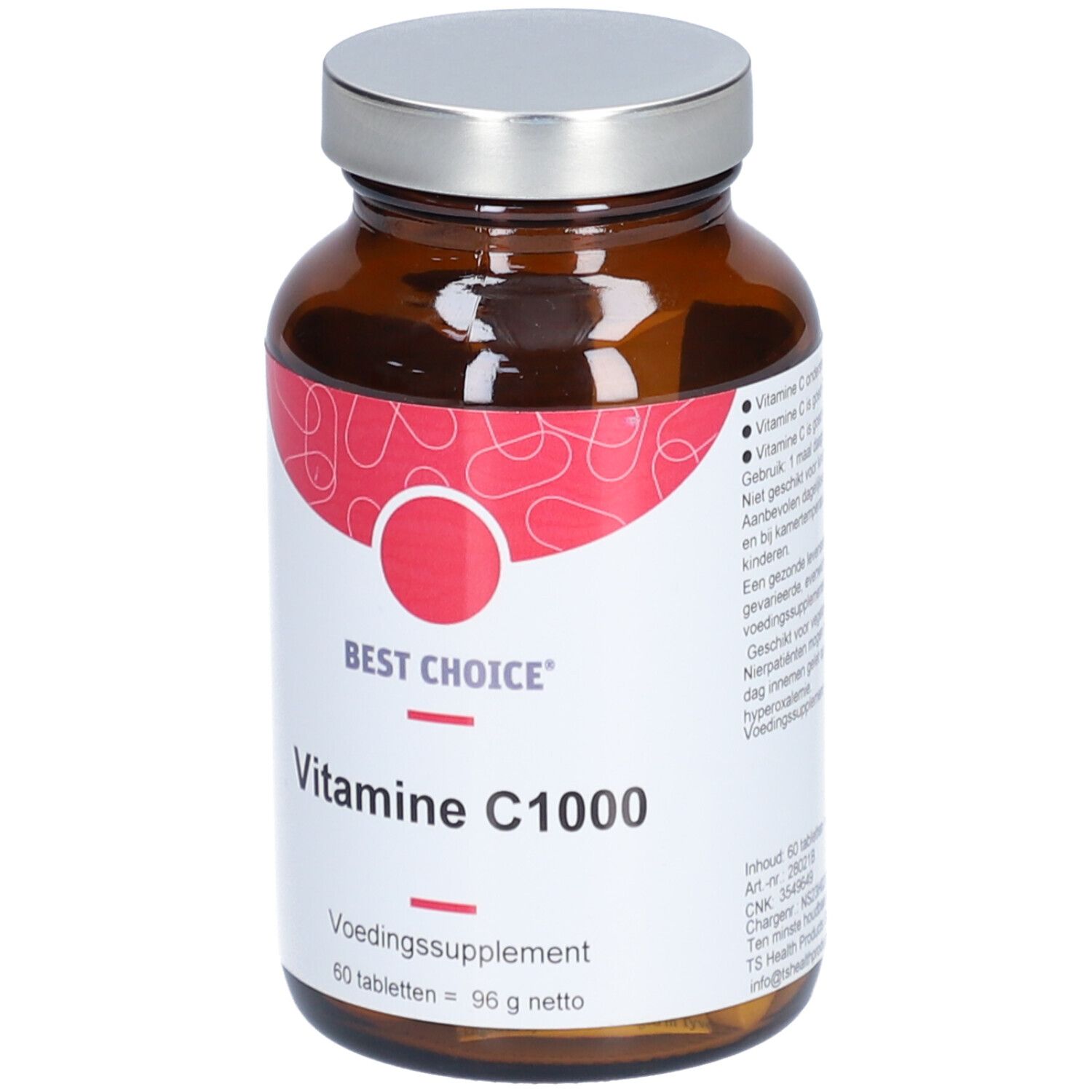 Flacon en verre brun avec couvercle argenté. Étiquette "Best Choice" et "Vitamine C1000". 60 comprimés.