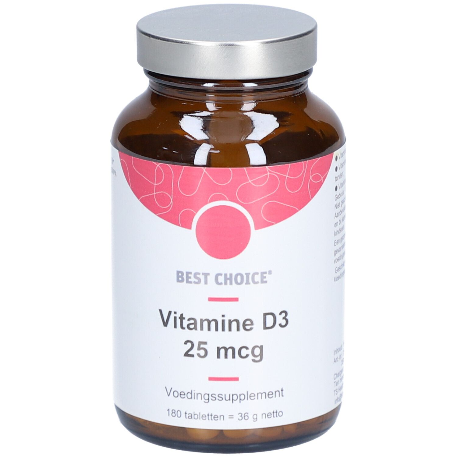 Flacon en verre brun avec bouchon argenté. L'étiquette indique: Best Choice, Vitamine D3 25 mcg.