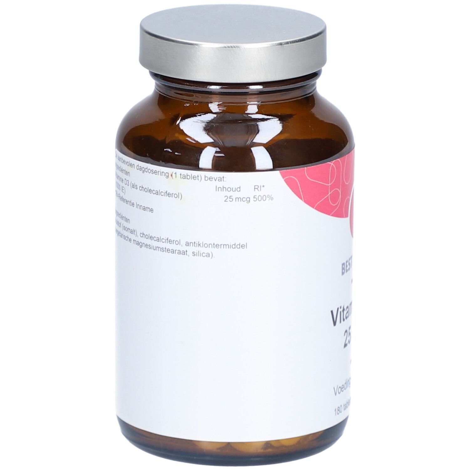 Flacon en verre brun avec bouchon argenté. Verso de l'étiquette avec informations sur les ingrédients et le dosage.