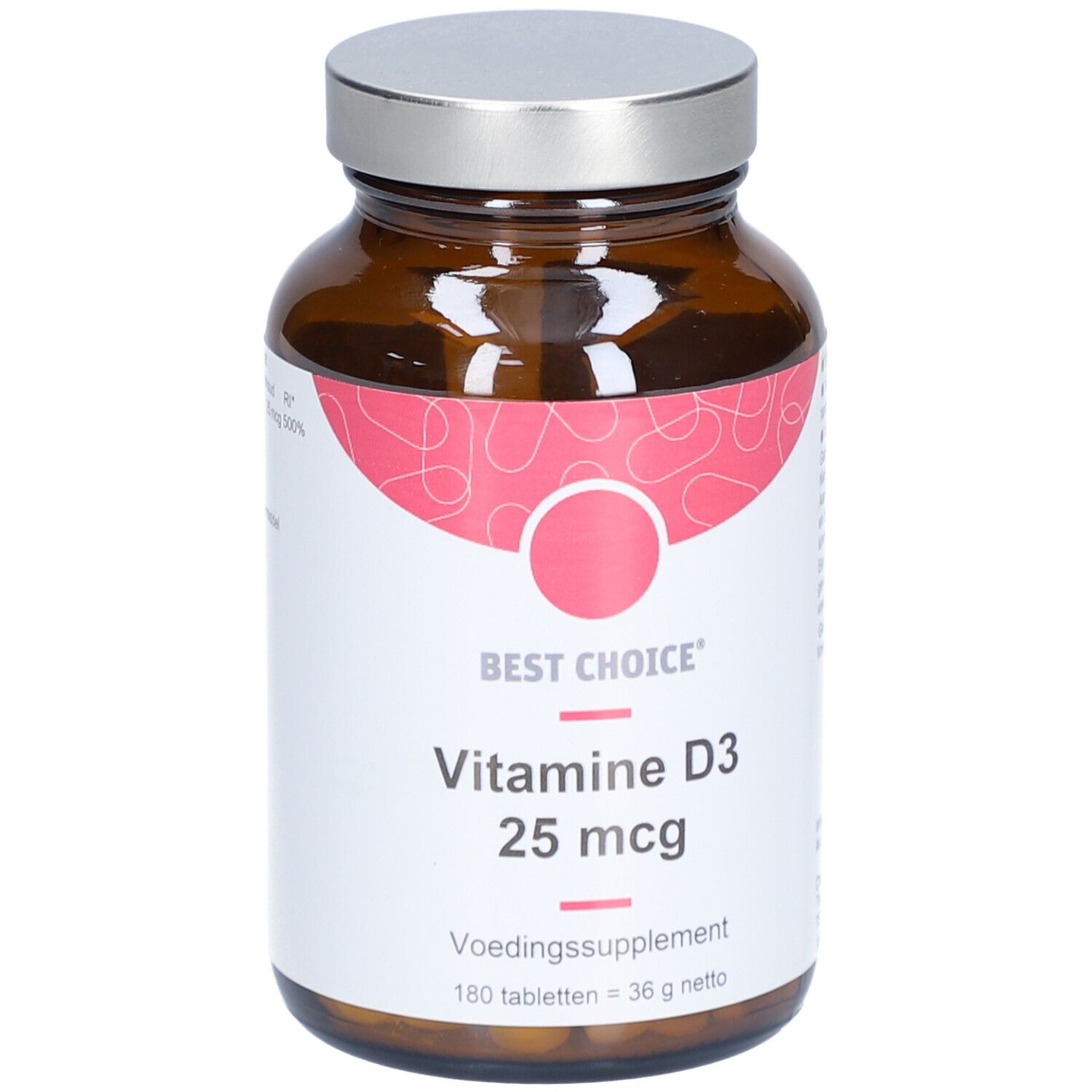 Flacon en verre brun avec bouchon argenté. L'étiquette indique: Best Choice, Vitamine D3 25 mcg.