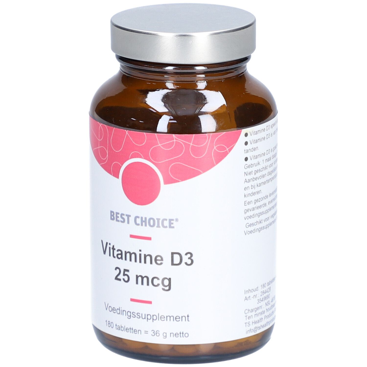 Flacon en verre brun avec bouchon argenté. L'étiquette indique: Best Choice, Vitamine D3 25 mcg.