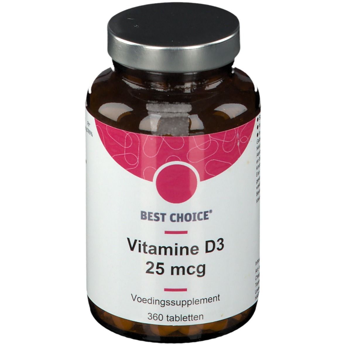 Flacon en verre brun avec bouchon à vis. Étiquette avec "BEST CHOICE", "Vitamine D3 25 mcg" et "360 tabletten".