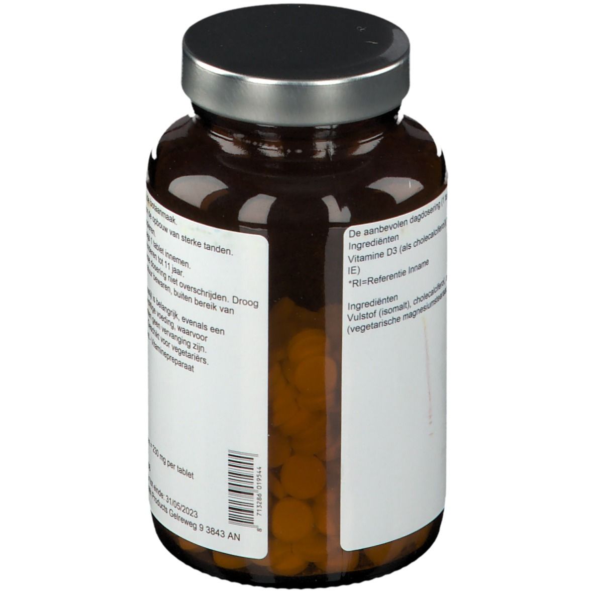 Vue arrière du flacon en verre brun. Étiquette avec liste d'ingrédients et code-barres. Contient de la vitamine D3.