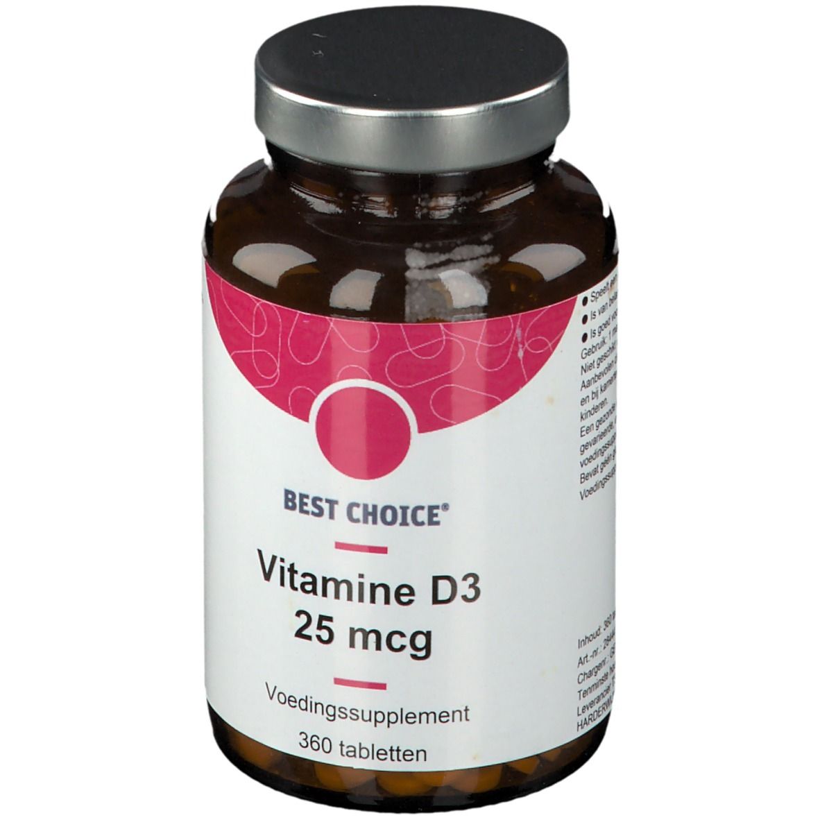Flacon en verre brun avec bouchon à vis. Étiquette avec "BEST CHOICE", "Vitamine D3 25 mcg" et "360 tabletten".