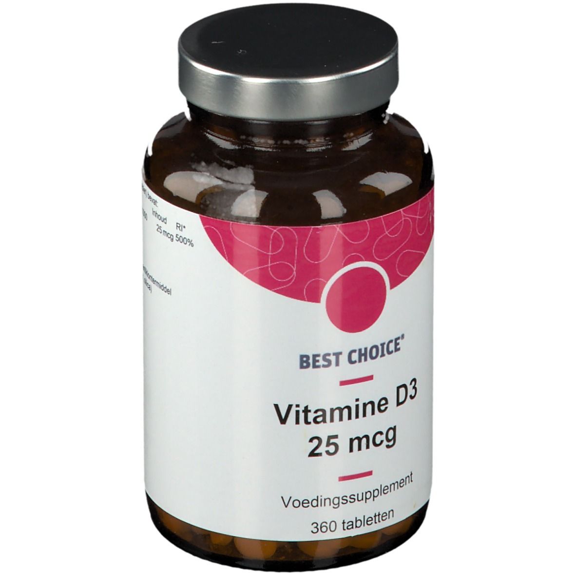 Flacon en verre brun avec bouchon à vis. Étiquette avec "BEST CHOICE", "Vitamine D3 25 mcg" et "360 tabletten".