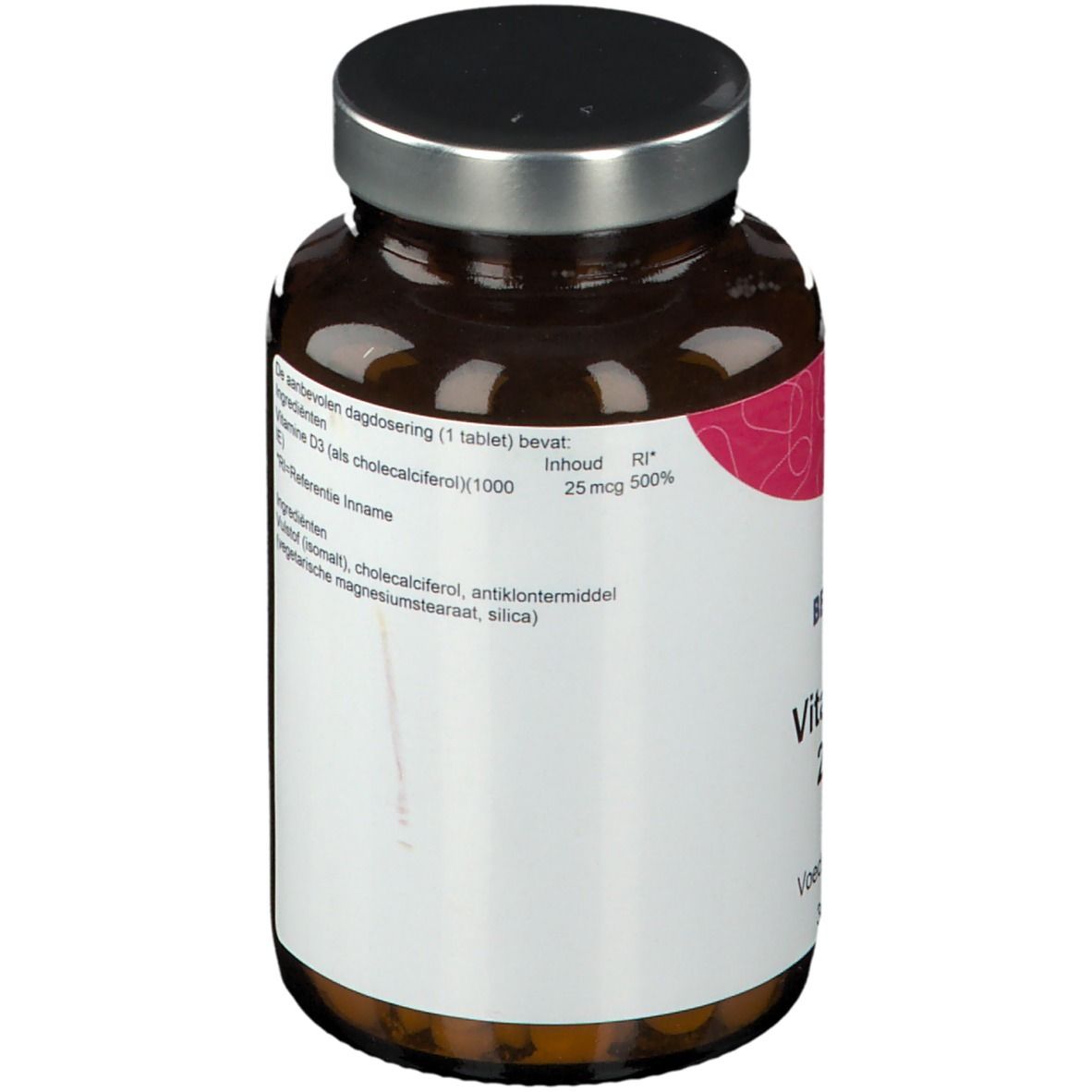 Vue arrière du flacon en verre brun. Étiquette avec informations sur le contenu et la vitamine D3.