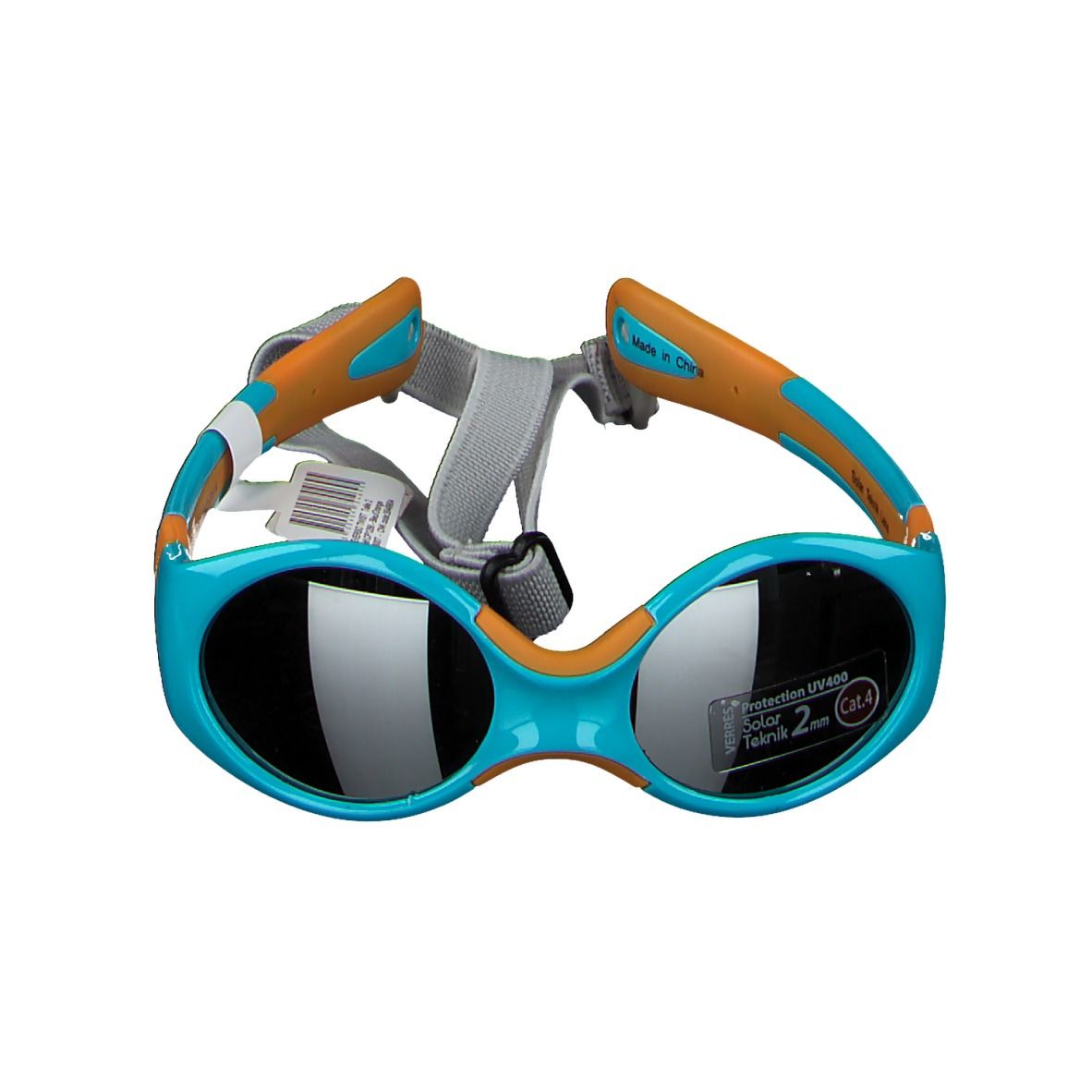 Lunettes de soleil bleues et oranges avec sangle. Verres bleus, branches oranges. Avec étiquette.