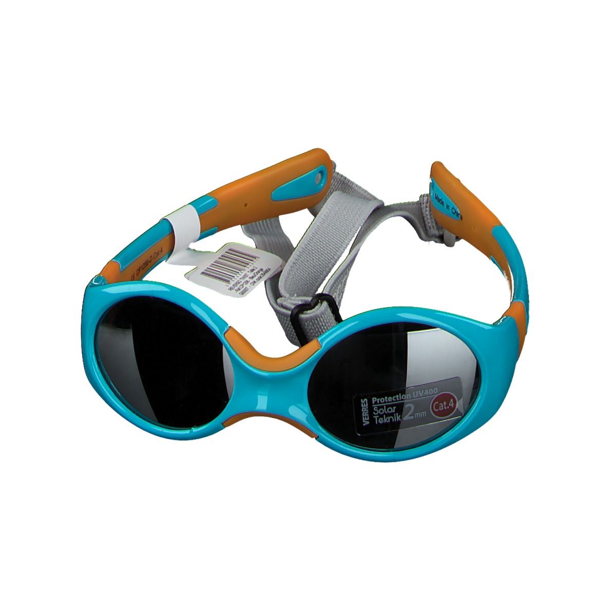 Lunettes de soleil bleues et oranges avec sangle. Verres bleus, branches oranges. Avec étiquette.