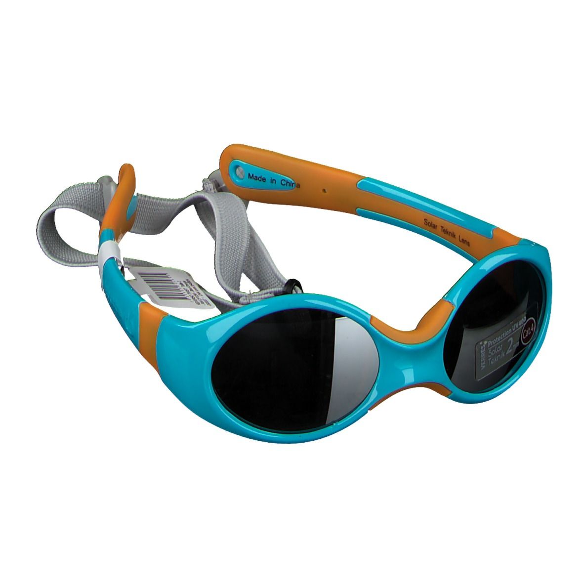 Lunettes de soleil bleues et oranges avec sangle. Verres bleus, branches oranges. Avec étiquette.