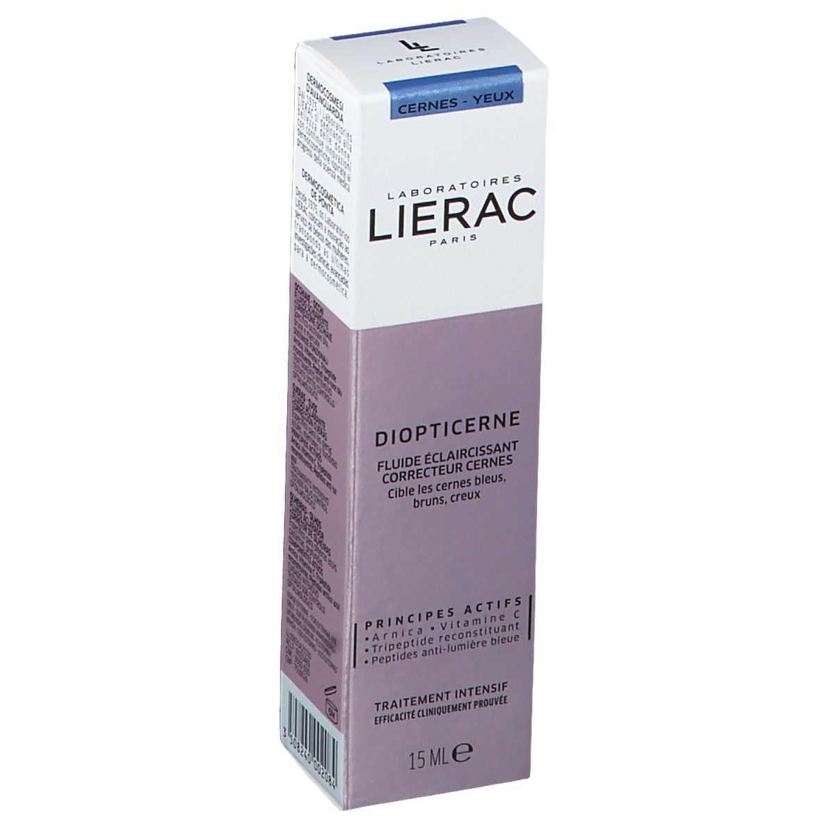 Emballage en carton avec nom du produit et de la marque. Contient des informations et des ingrédients.