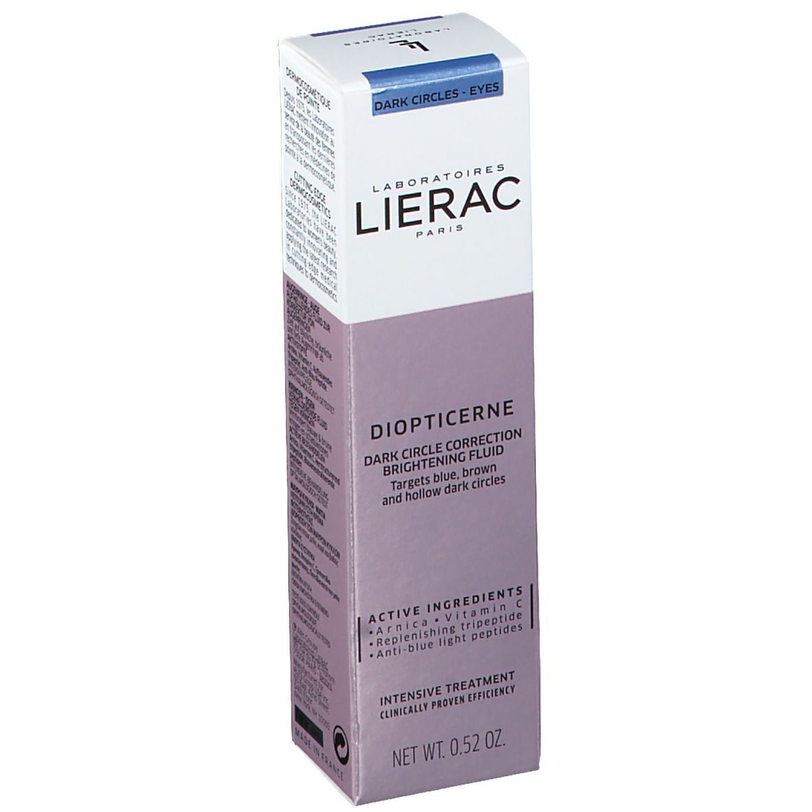 Emballage en carton avec nom du produit et de la marque. Contient des informations et des ingrédients.