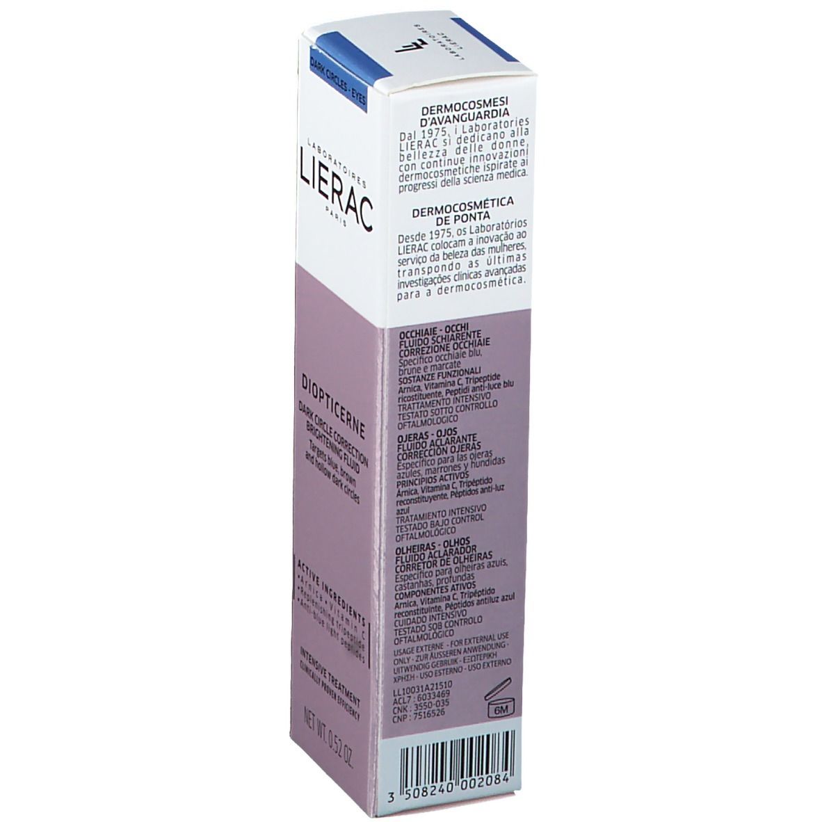 Emballage en carton avec nom du produit et de la marque. Contient des informations et des ingrédients.