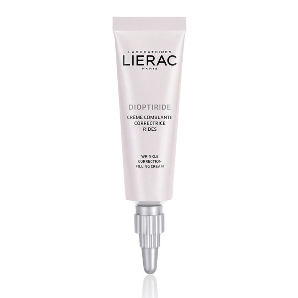 Tube de crème avec bouchon à vis. Inscriptions: Lierac, Dioptiride, Crème comblante correctrice rides.