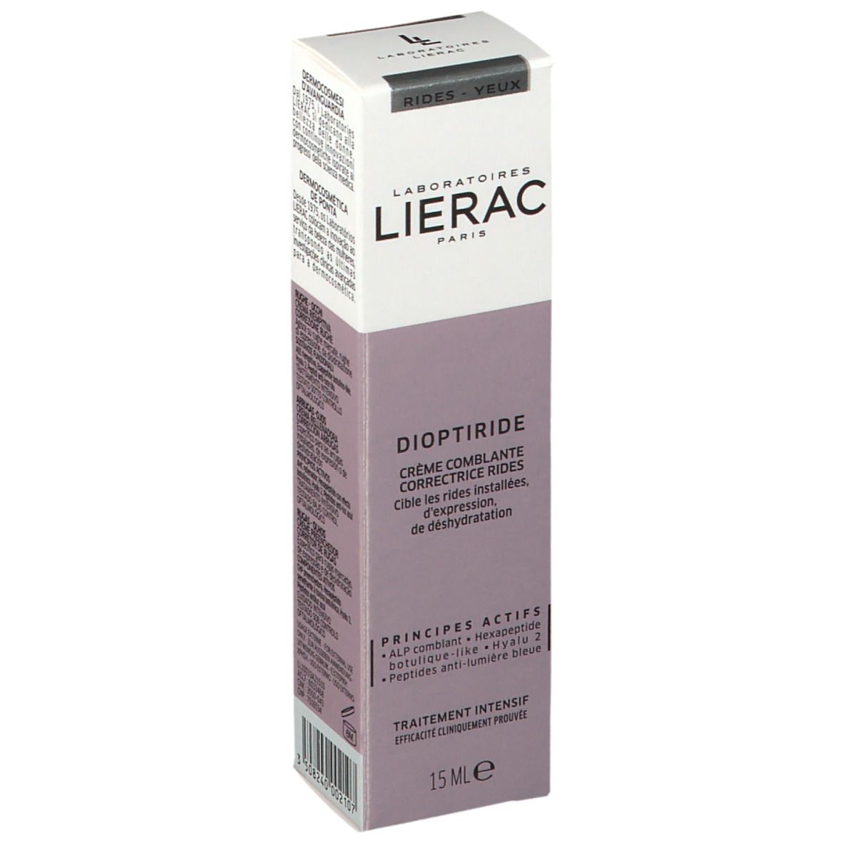 Boîte avec inscriptions: Lierac, Dioptiride, Crème comblante correctrice rides. Ingrédients et utilisation.