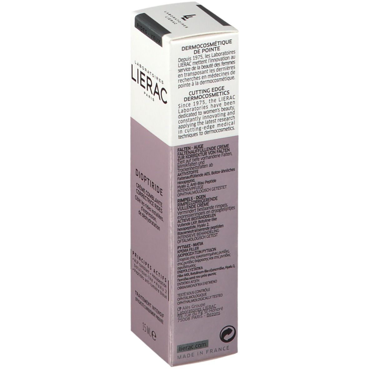 Boîte avec inscriptions: Lierac, Dioptiride, Crème comblante correctrice rides. Ingrédients et utilisation.
