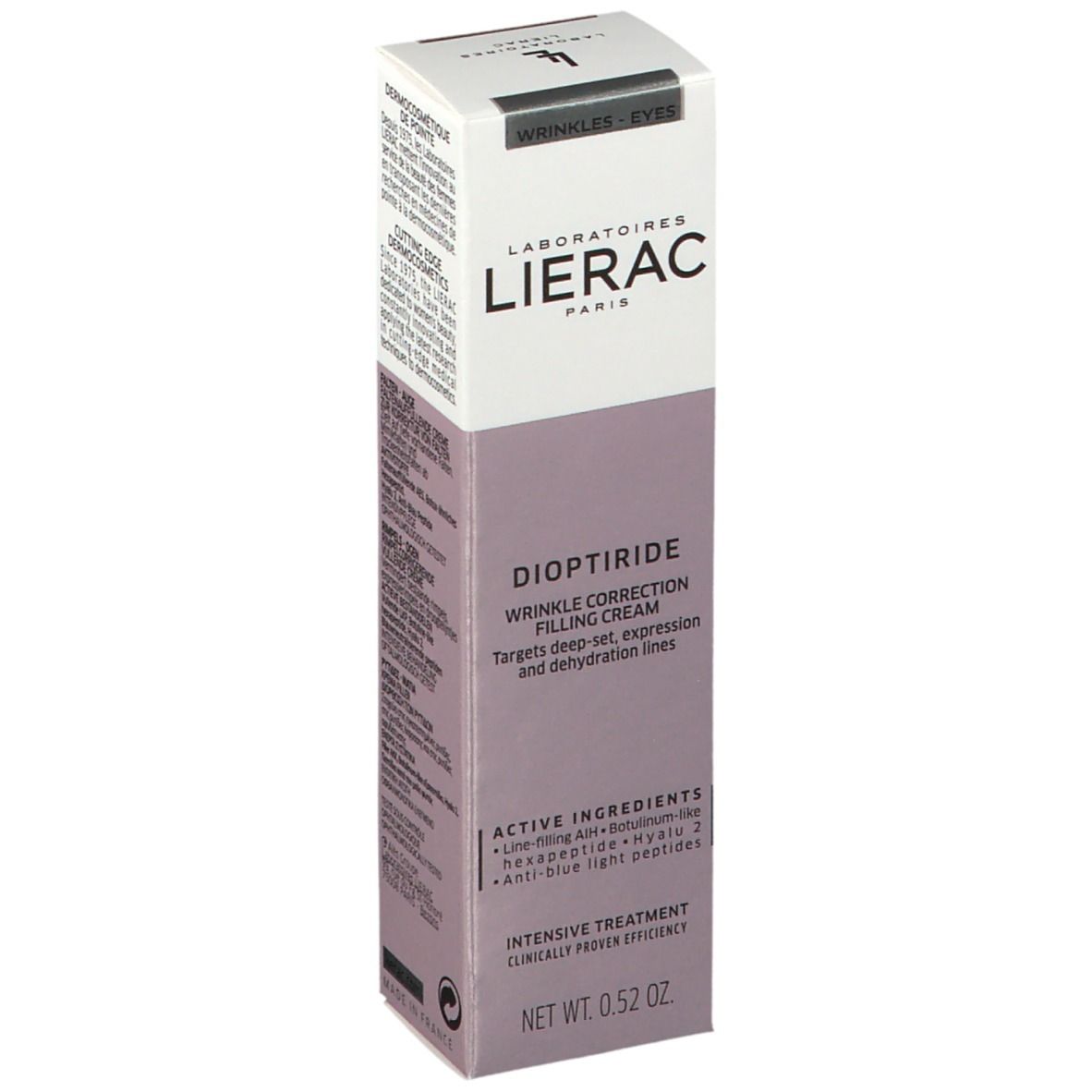 Boîte avec inscriptions: Lierac, Dioptiride, Crème comblante correctrice rides. Ingrédients et utilisation.