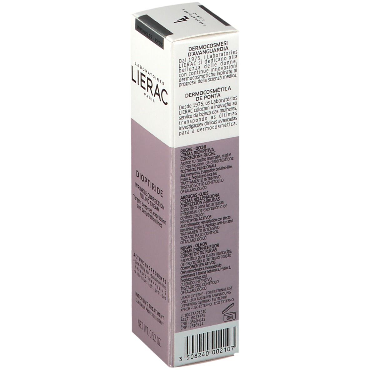 Boîte avec inscriptions: Lierac, Dioptiride, Crème comblante correctrice rides. Ingrédients et utilisation.