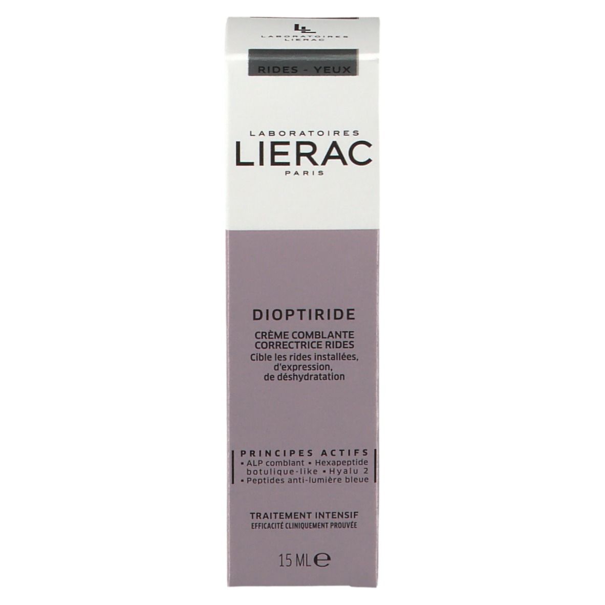 Boîte avec inscriptions: Lierac, Dioptiride, Crème comblante correctrice rides. Ingrédients et utilisation.