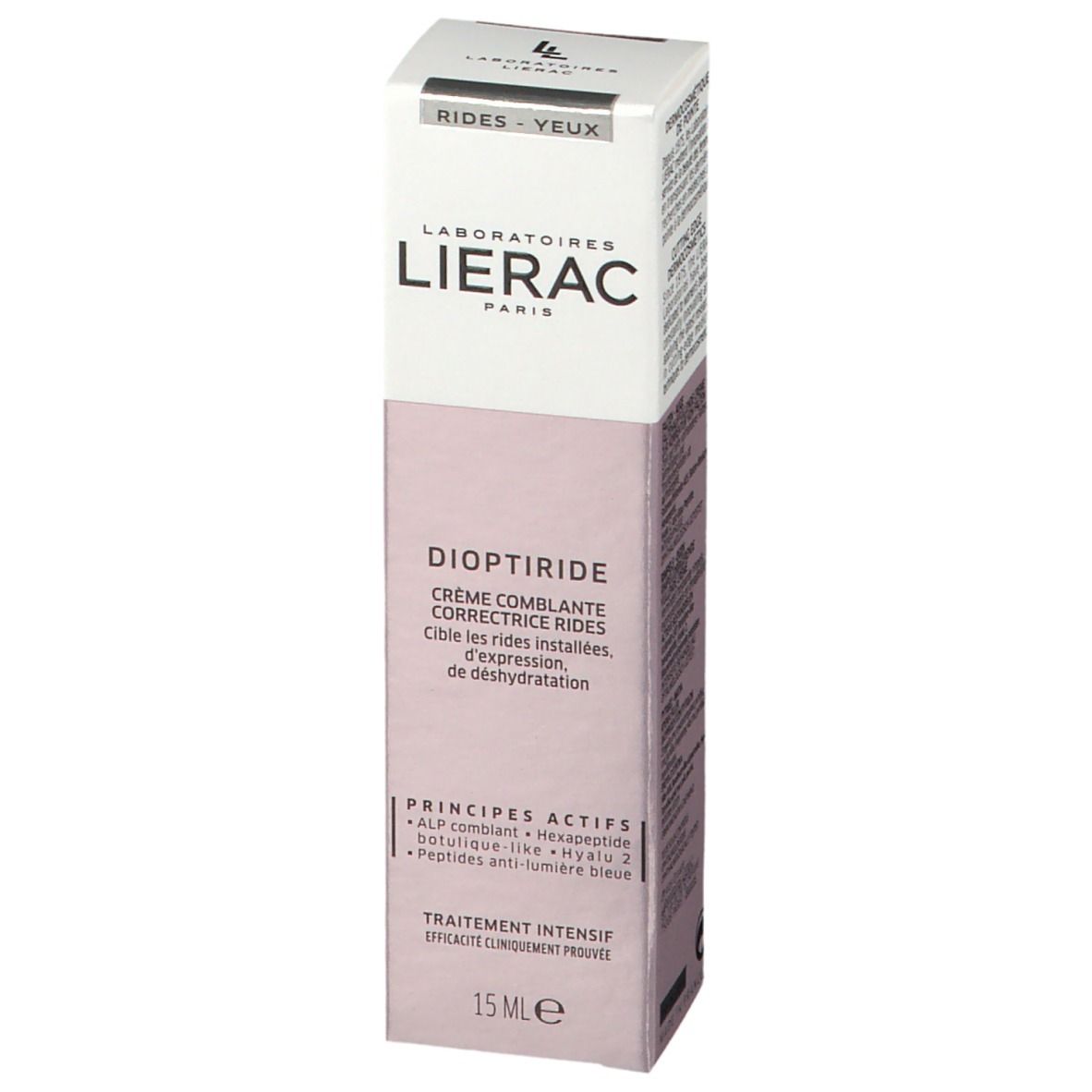 Boîte avec inscriptions: Lierac, Dioptiride, Crème comblante correctrice rides. Ingrédients et utilisation.