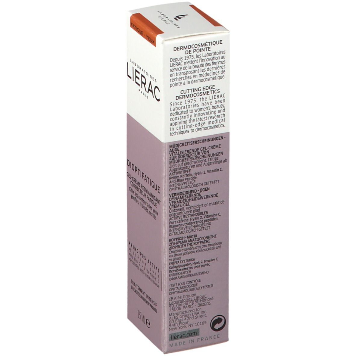 Dos de la boîte DIOPTIFATIGUE. Textes en allemand, français, italien et néerlandais. Informations sur le produit et la marque LIERAC.
