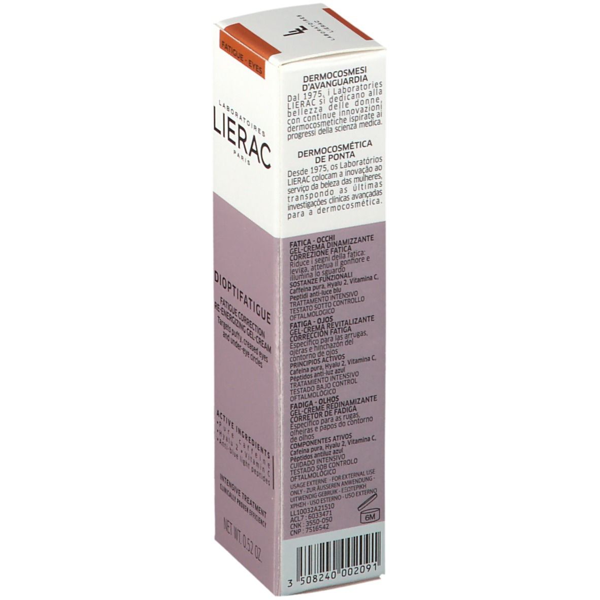 Dos de la boîte DIOPTIFATIGUE. Textes multilingues. Informations sur le produit et la marque LIERAC. Fabriqué en France.