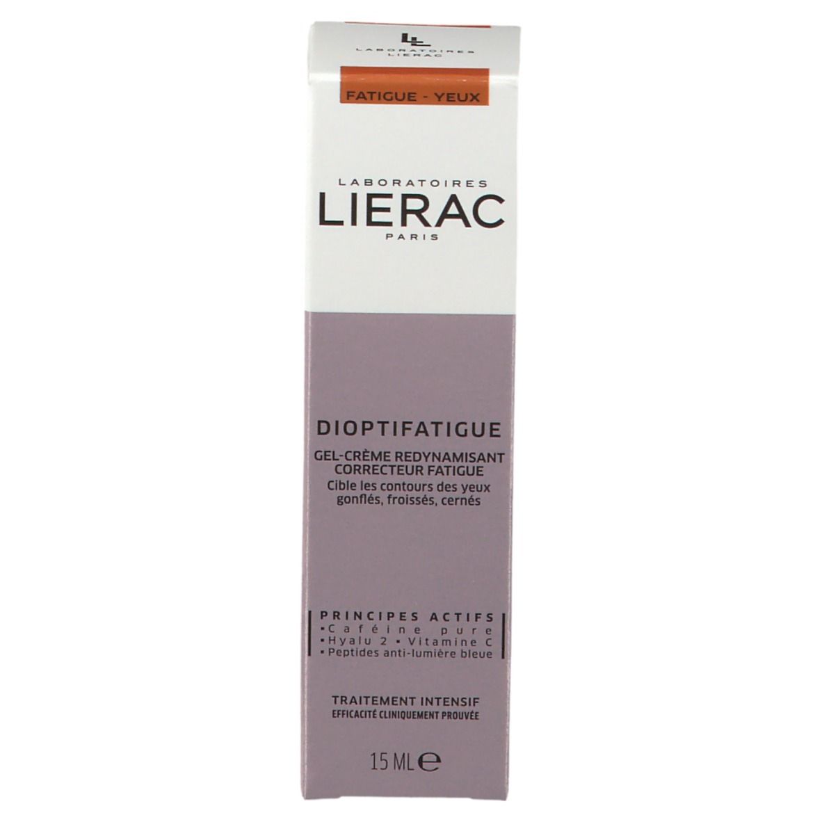 Boîte DIOPTIFATIGUE. Contient 15 ml. Ingrédients actifs : caféine, Hyalu 2, vitamine C, peptides lumière bleue. Logo LIERAC visible.