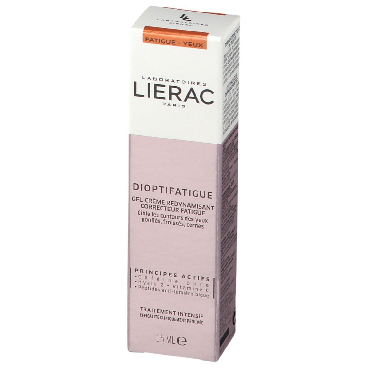 Boîte DIOPTIFATIGUE. Contient 15 ml. Ingrédients actifs : caféine, Hyalu 2, vitamine C, peptides lumière bleue. Logo LIERAC visible.