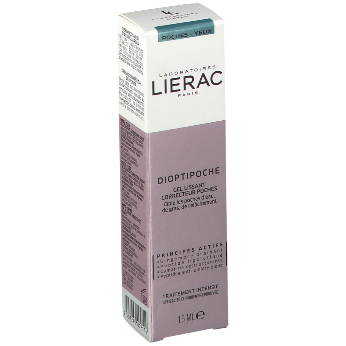 Emballage en carton avec nom du produit et de la marque. Design violet et blanc avec texte.