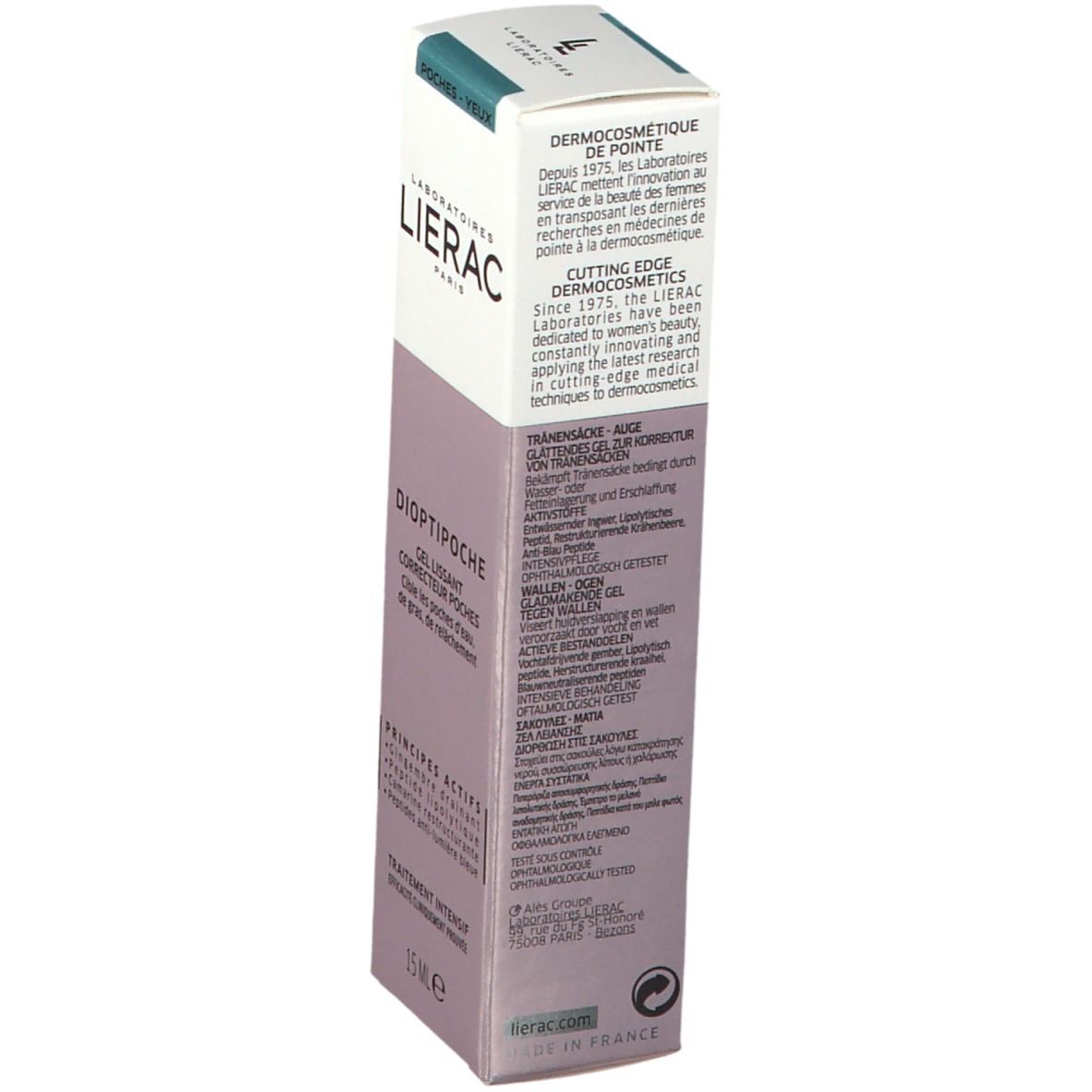 Emballage en carton avec nom du produit et de la marque. Design violet et blanc avec texte.