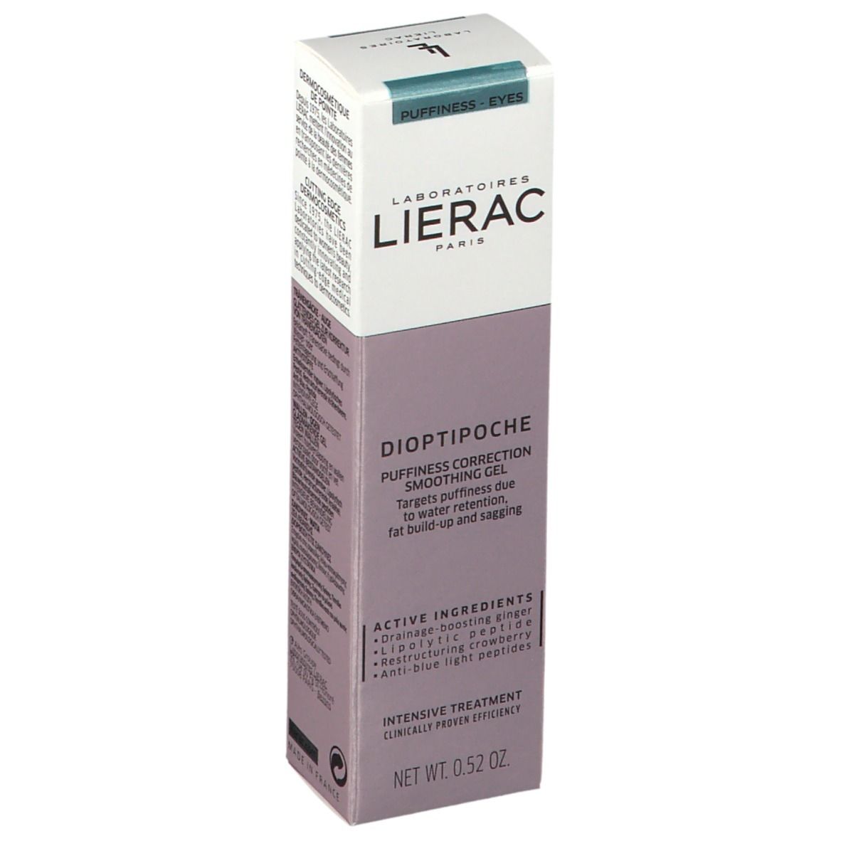 Emballage en carton avec nom du produit et de la marque. Design violet et blanc avec texte.
