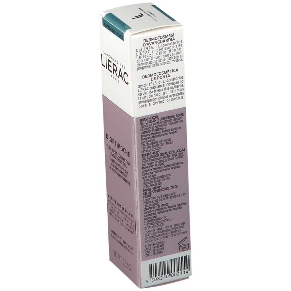 Emballage en carton avec nom du produit et de la marque. Design violet et blanc avec texte.