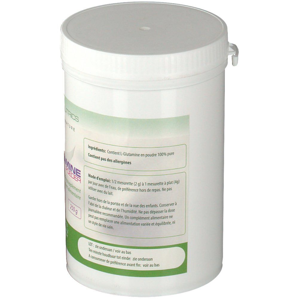 Pot blanc L-Glutamine en poudre. Ingrédients, mode d'emploi, date de péremption. Texte au dos en français et néerlandais.