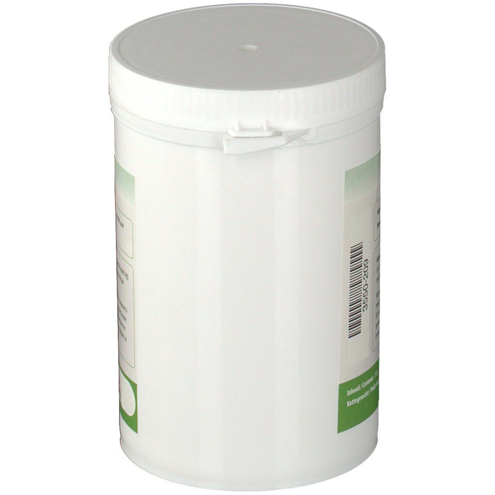 Récipient blanc avec couvercle. Étiquette verte latérale avec texte et code-barres. Récipient cylindrique.