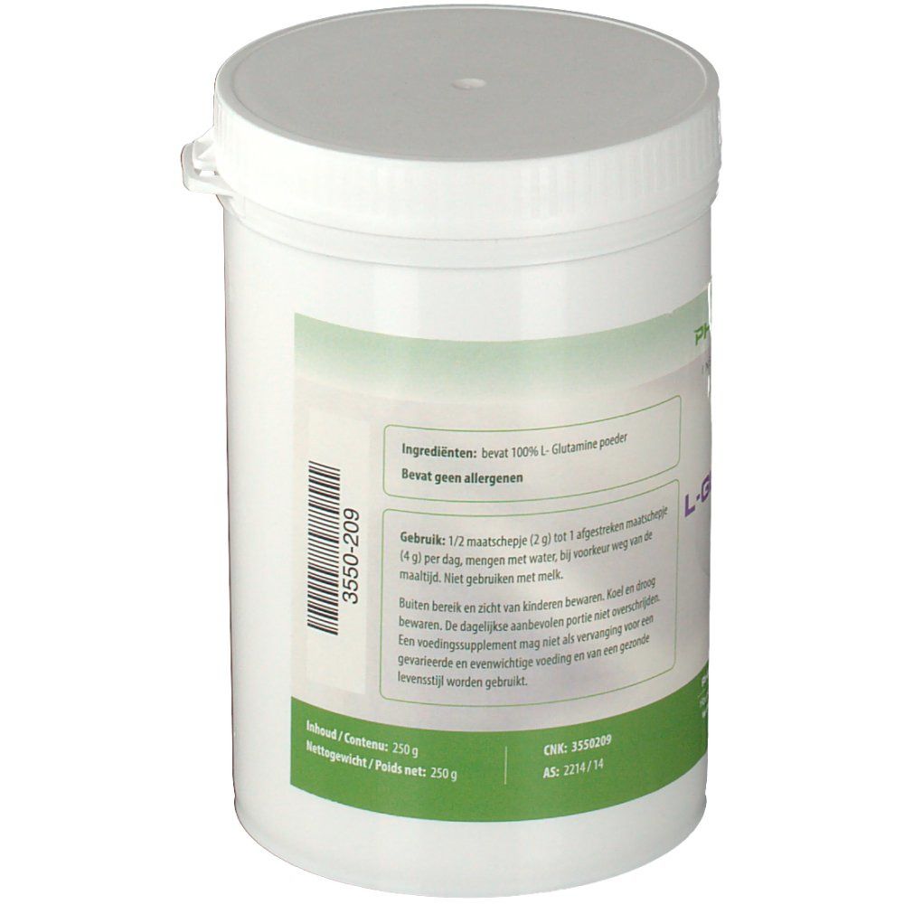 Récipient blanc avec couvercle. Étiquette verte avec texte et code-barres. Contient 250g de L-Glutamine en poudre. Texte en néerlandais.