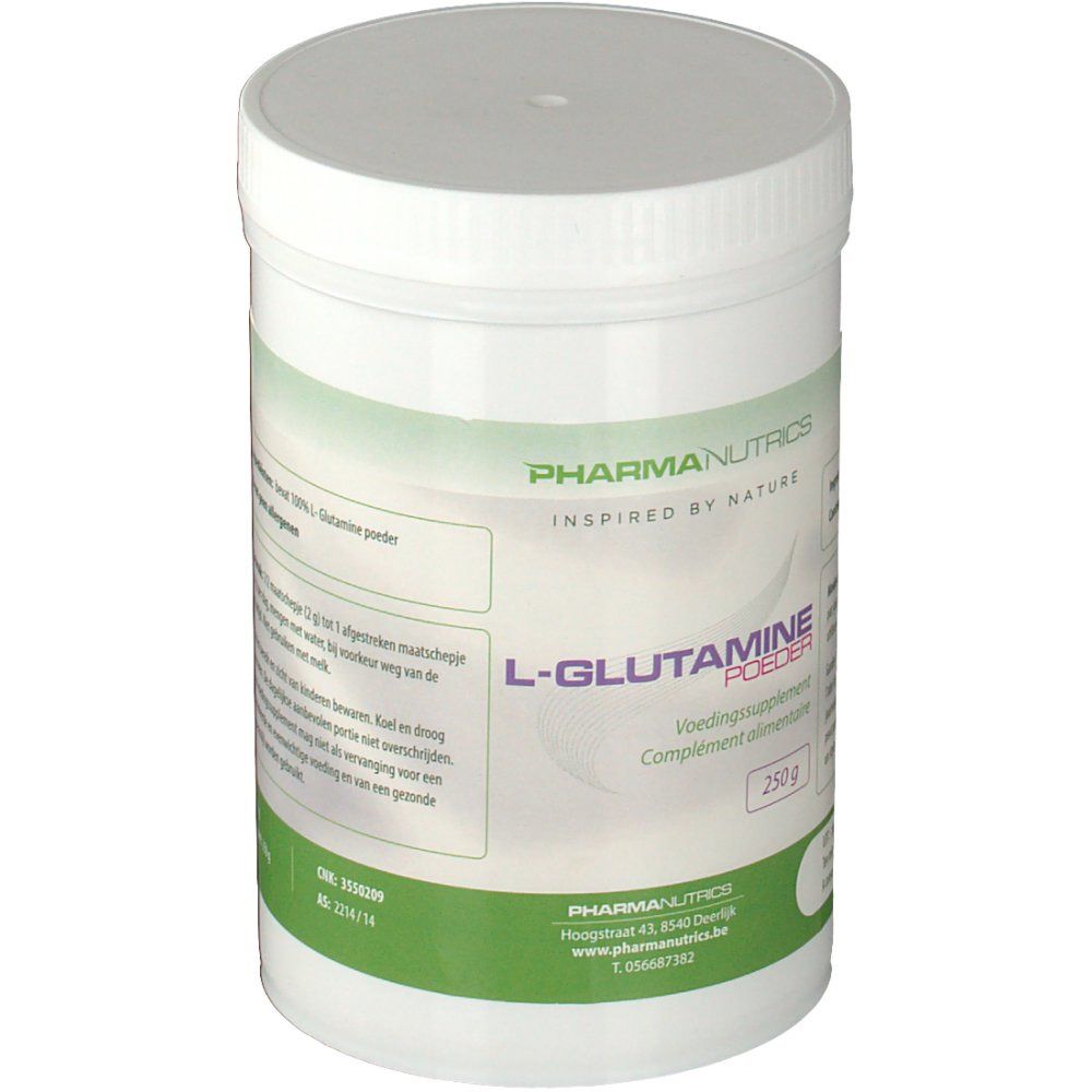 Récipient blanc avec couvercle. Inscription: PharmaNutrics, L-Glutamine Poeder, Voedingssupplement, 250g. Étiquette verte avec texte.