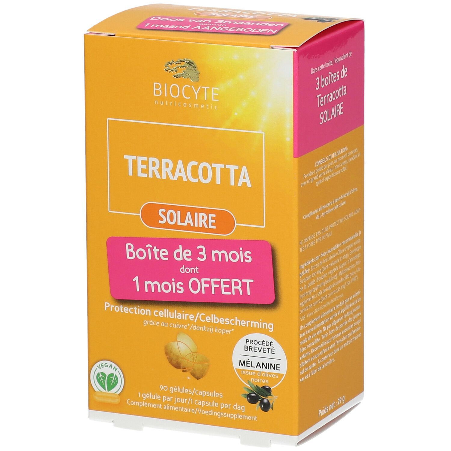 Gelbe Schachtel mit Produktnamen Terracotta Solaire. Enthält 90 Kapseln. Vegan-Logo.