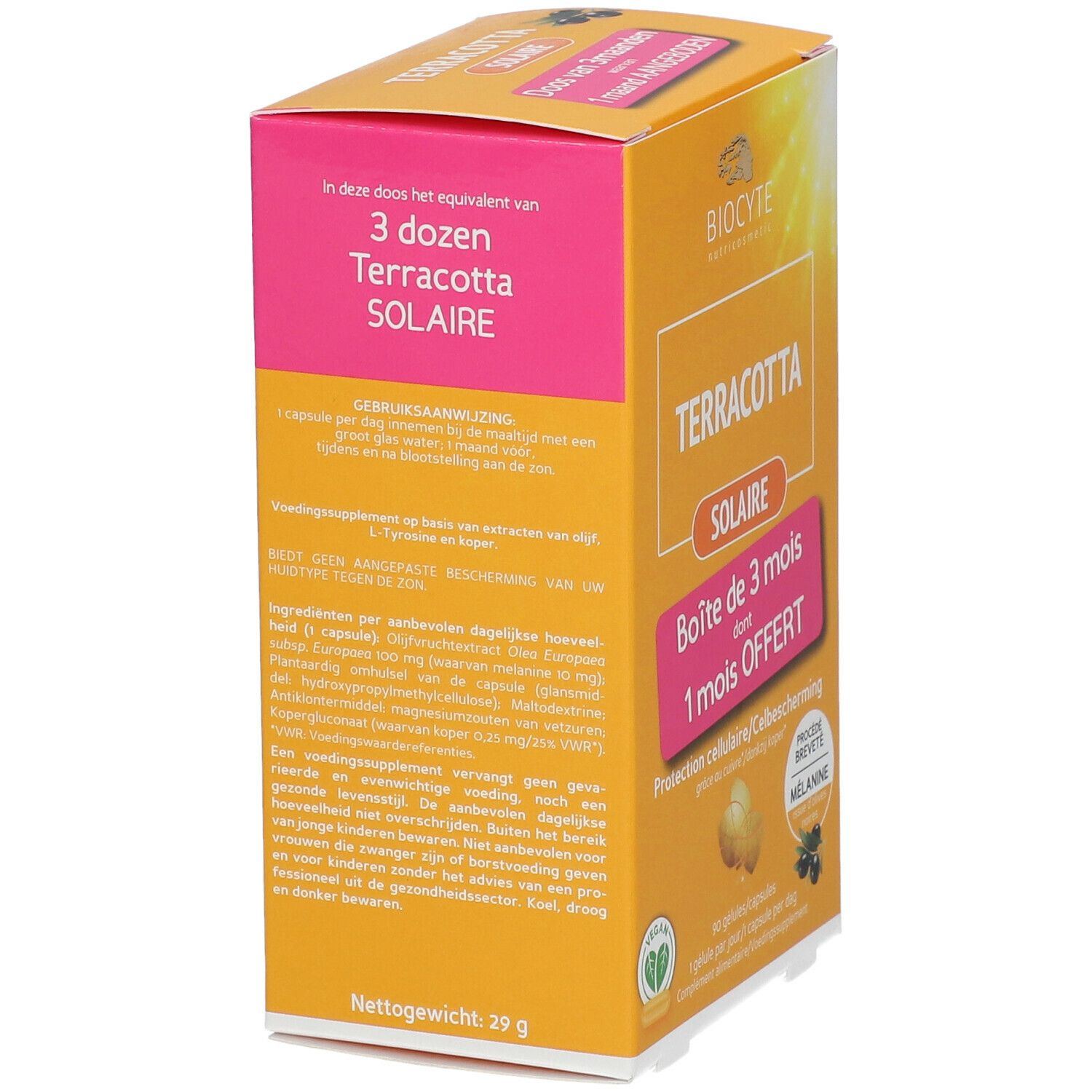 Gelbe Schachtel Terracotta Solaire. Enthält 3 Dosen. Inhaltsstoffe und Gebrauchsanweisung.
