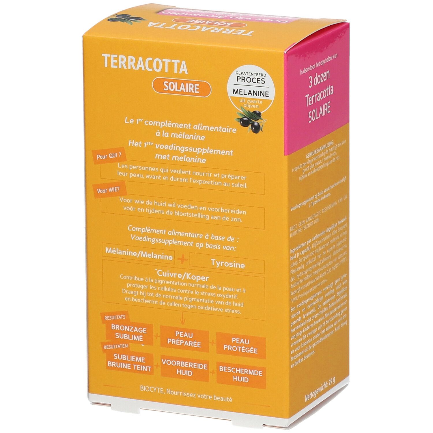 Gelbe Schachtel Terracotta Solaire. Rückseite mit Inhaltsstoffen und Hinweisen zur Anwendung.