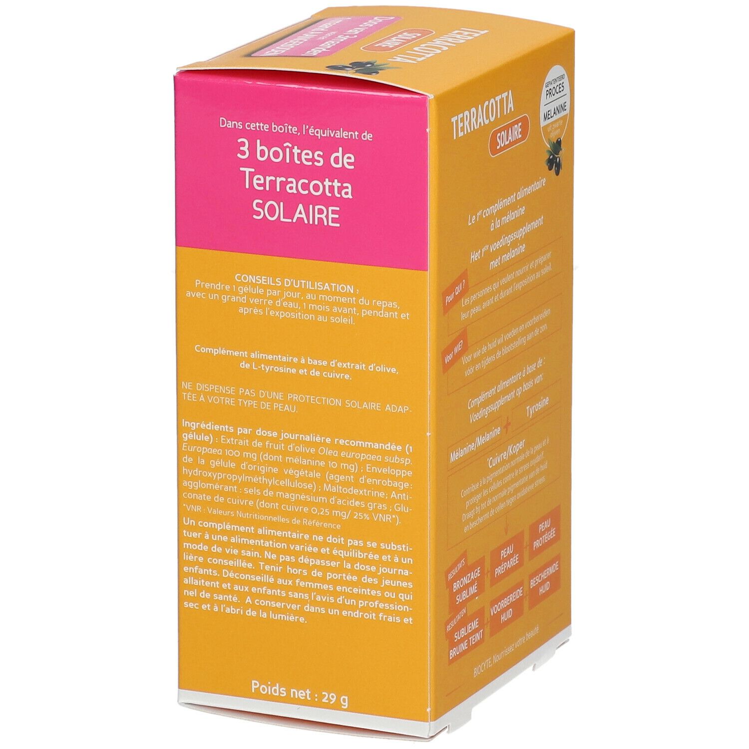 Gelbe Schachtel Terracotta Solaire. Enthält 3 Dosen. Hinweise zur Anwendung und Inhaltsstoffe.